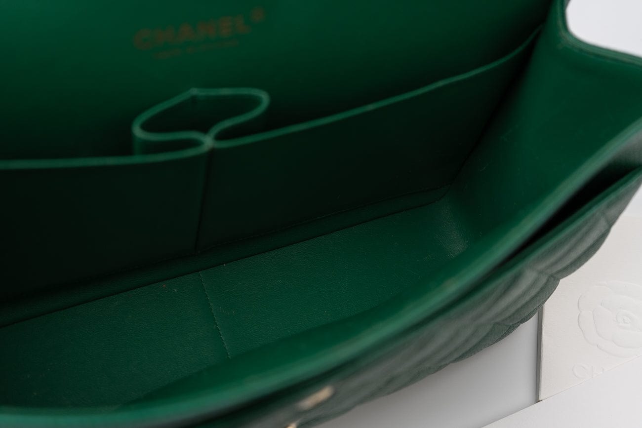 18S Emerald Green Caviar Quilted Classic Flap Jumbo Light Gold Hardware