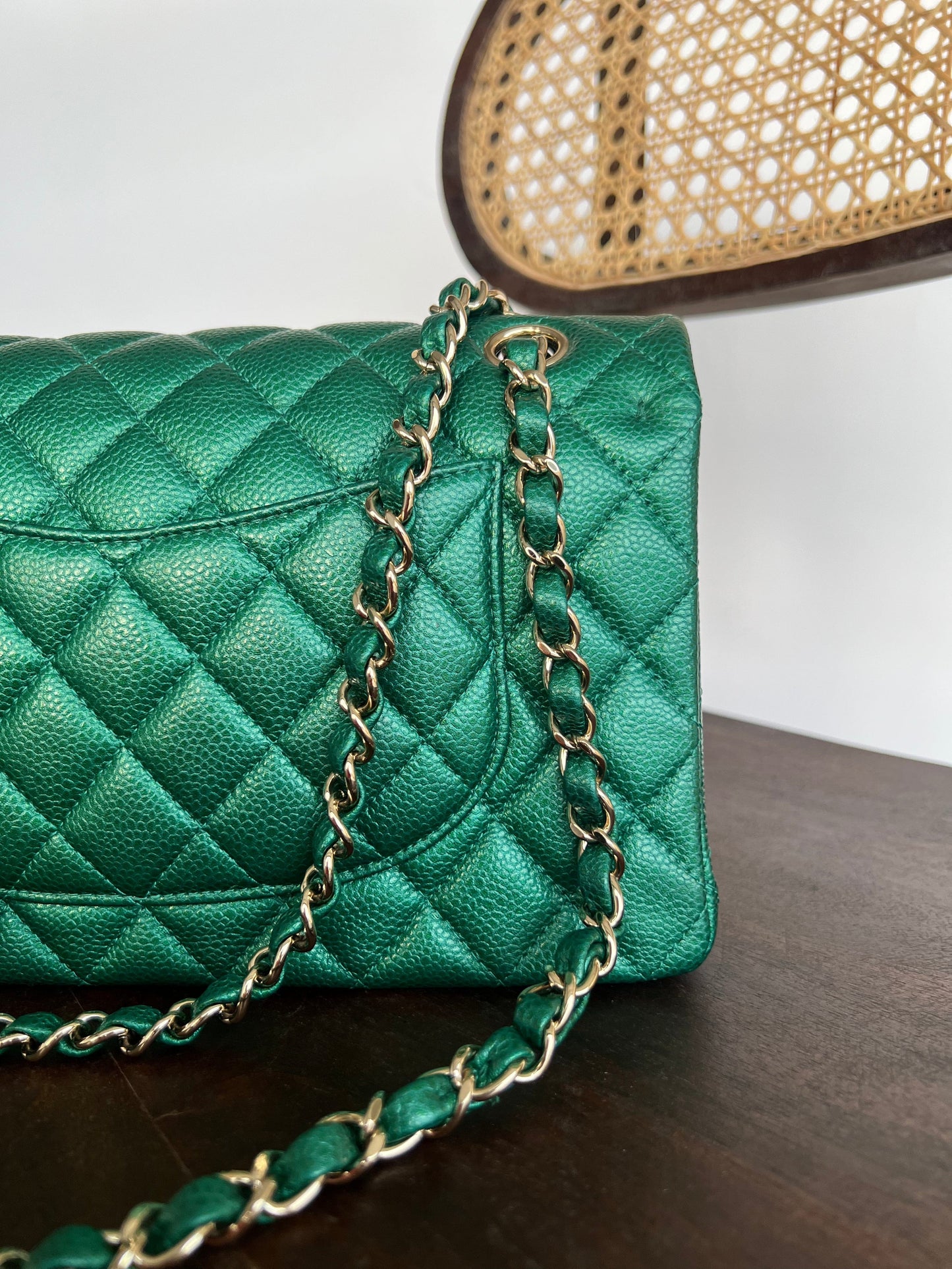18S Emerald Green Caviar Quilted Classic Flap Medium Light Gold Hardware