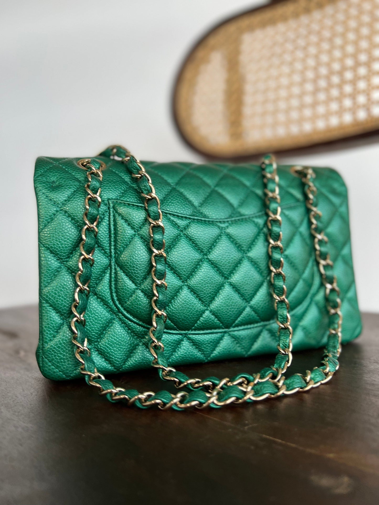18S Emerald Green Caviar Quilted Classic Flap Medium Light Gold Hardware