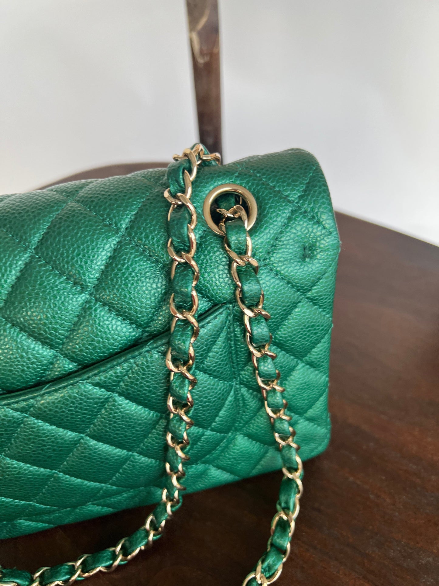 18S Emerald Green Caviar Quilted Classic Flap Medium Light Gold Hardware