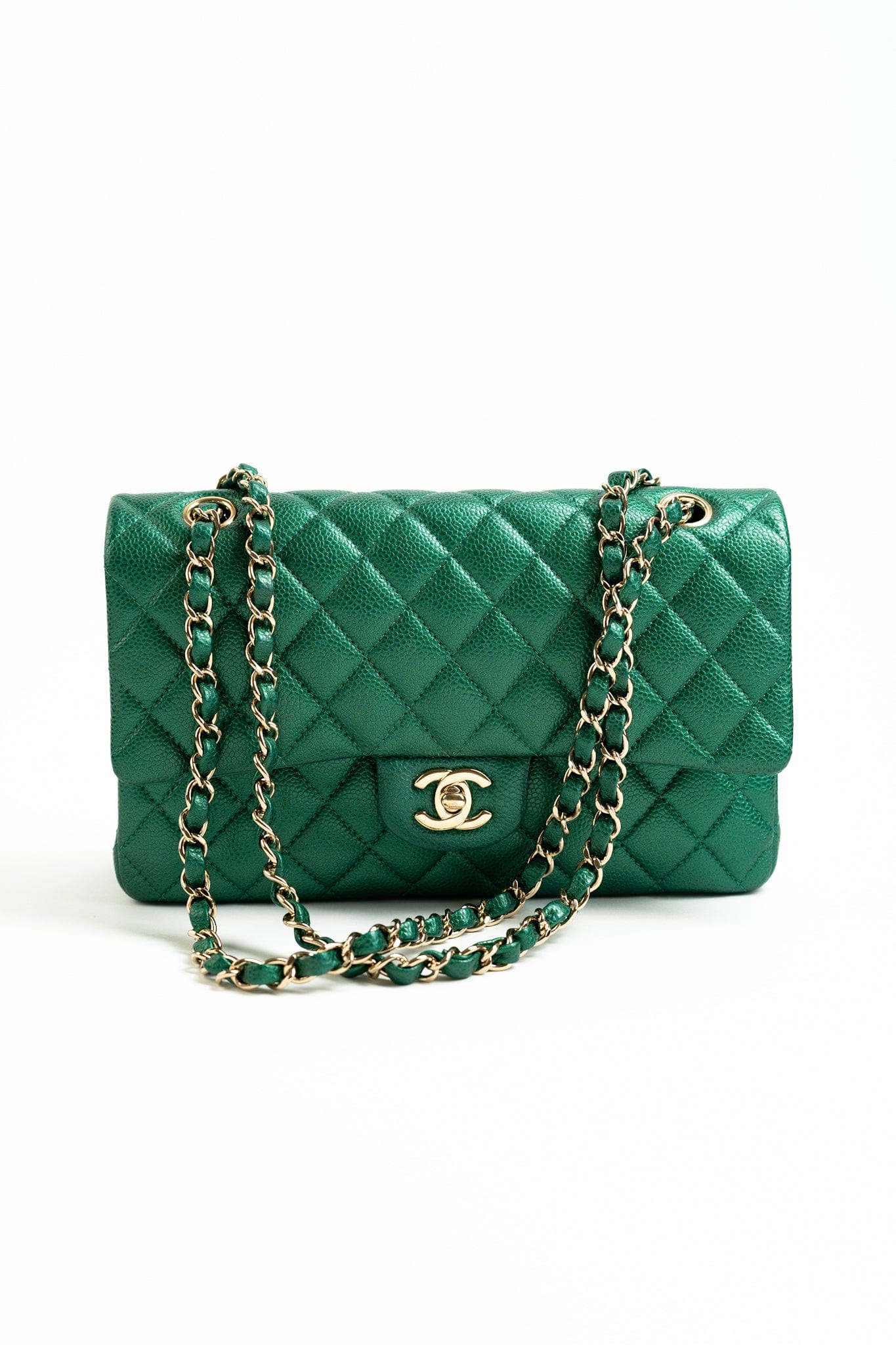 18S Emerald Green Caviar Quilted Classic Flap Medium Light Gold Hardware