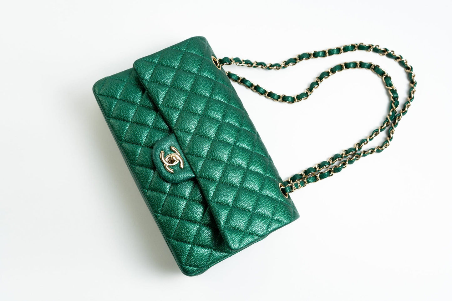 18S Emerald Green Caviar Quilted Classic Flap Medium Light Gold Hardware