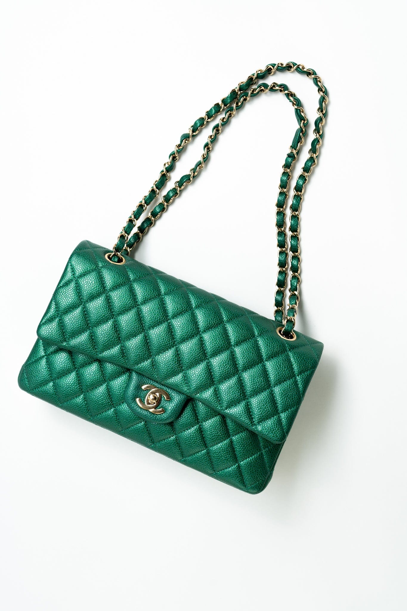 18S Emerald Green Caviar Quilted Classic Flap Medium Light Gold Hardware