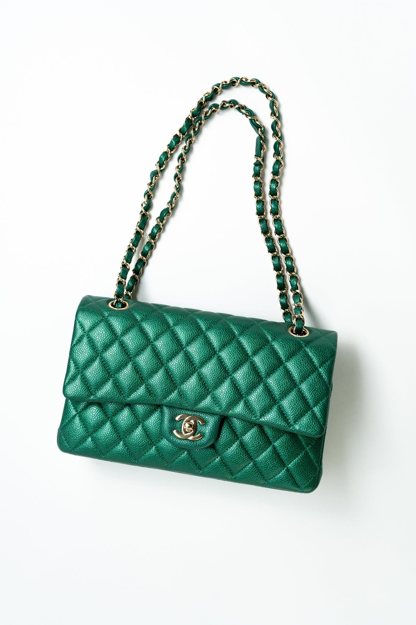 18S Emerald Green Caviar Quilted Classic Flap Medium Light Gold Hardware