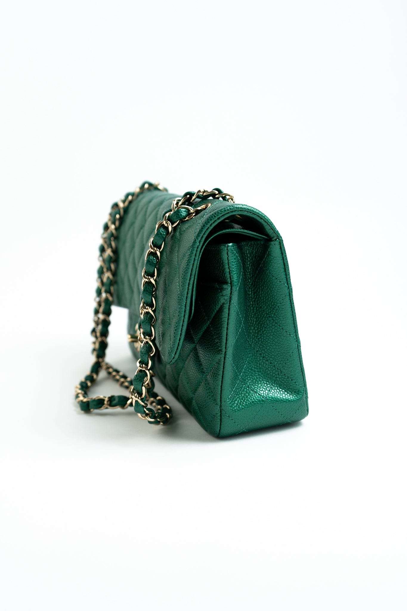 18S Emerald Green Caviar Quilted Classic Flap Medium Light Gold Hardware