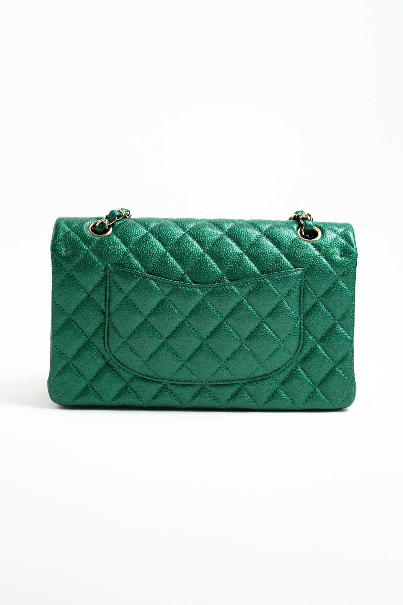 18S Emerald Green Caviar Quilted Classic Flap Medium Light Gold Hardware