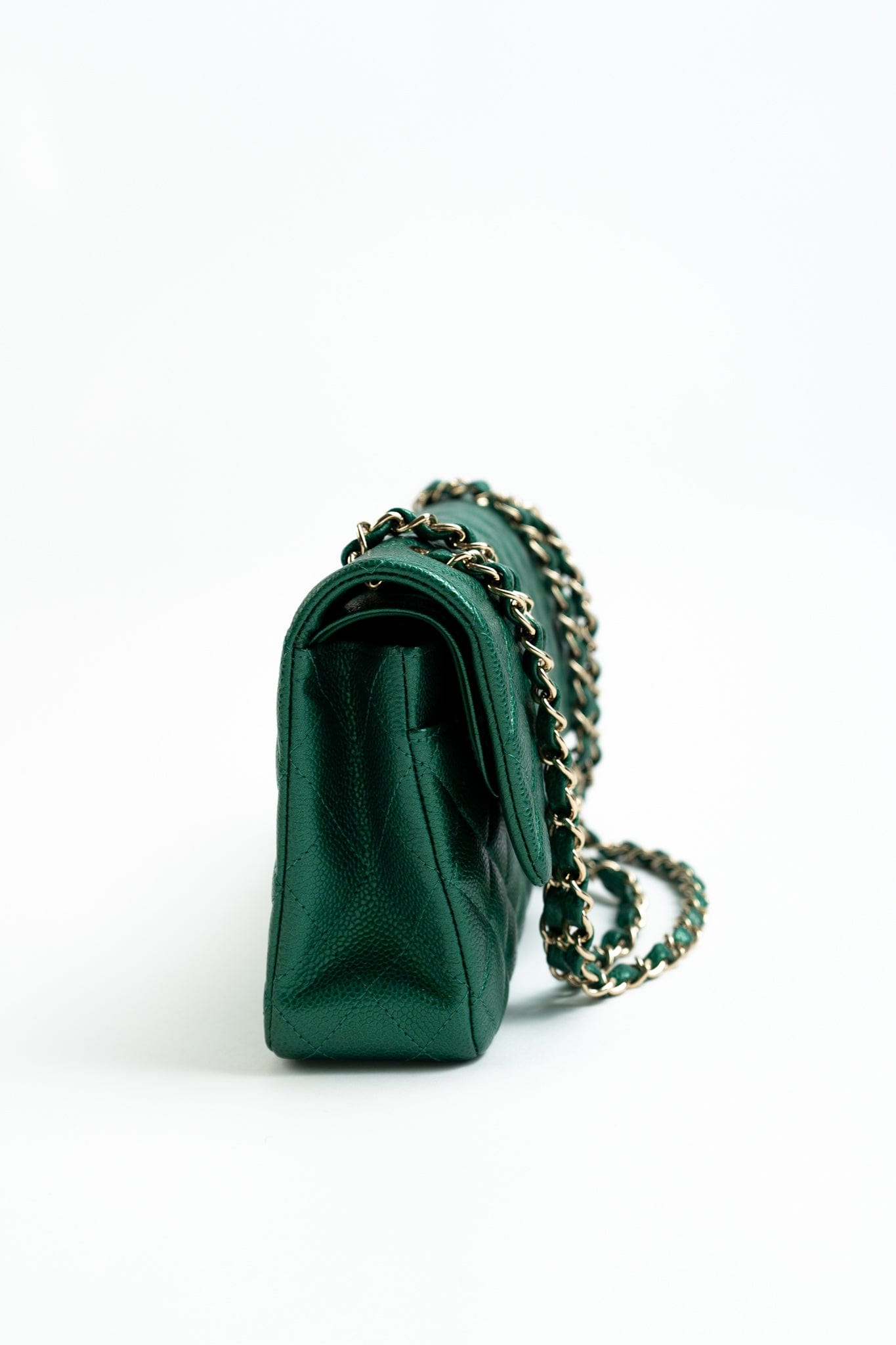 18S Emerald Green Caviar Quilted Classic Flap Medium Light Gold Hardware