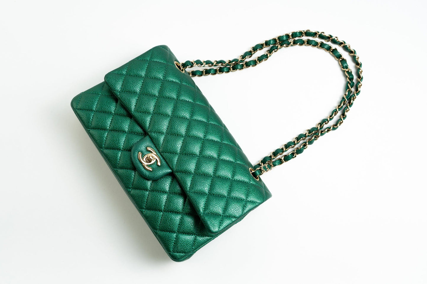 18S Emerald Green Caviar Quilted Classic Flap Medium Light Gold Hardware