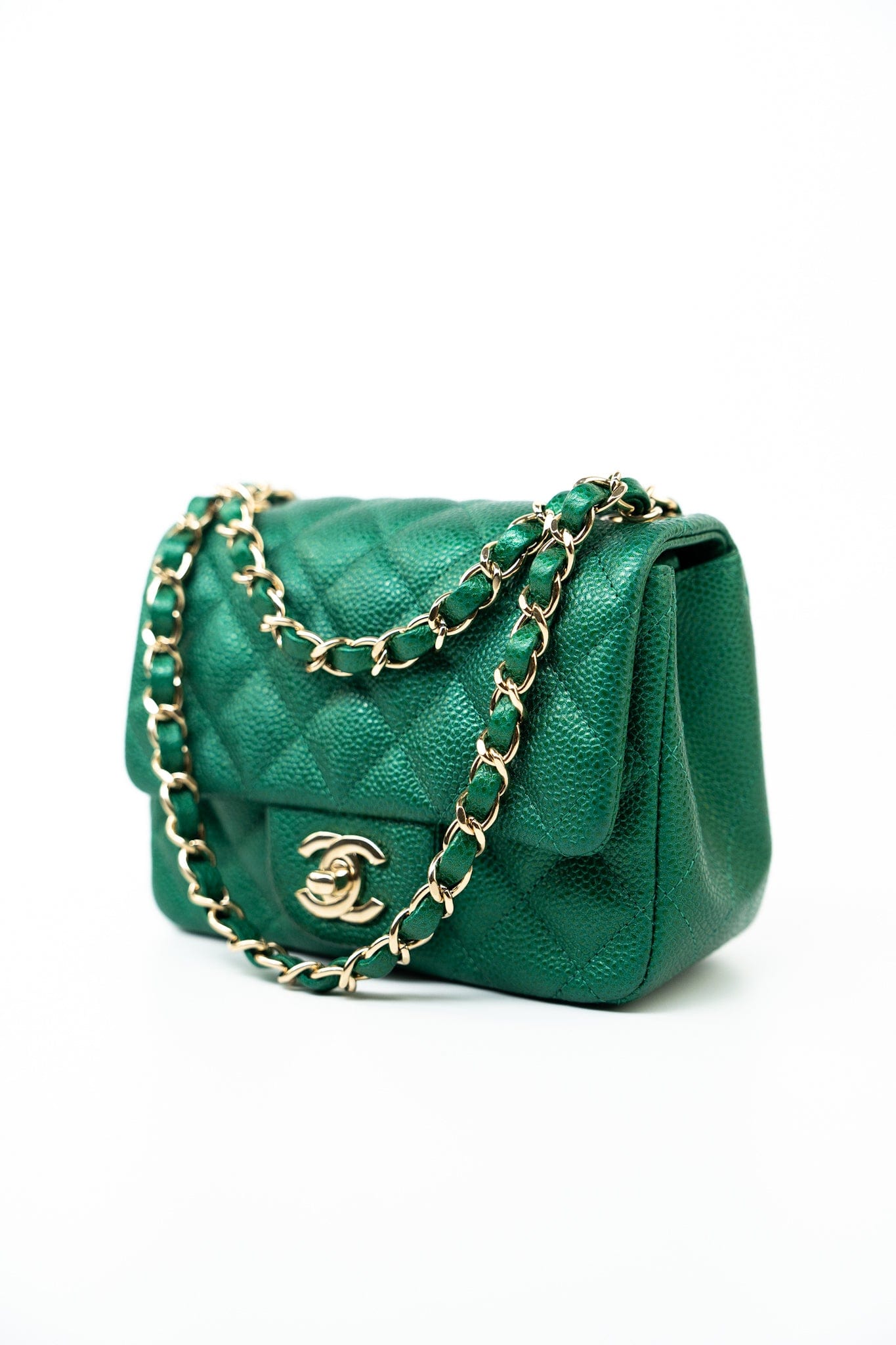 18S Emerald Green Caviar Quilted Mini Square Light Gold Hardware