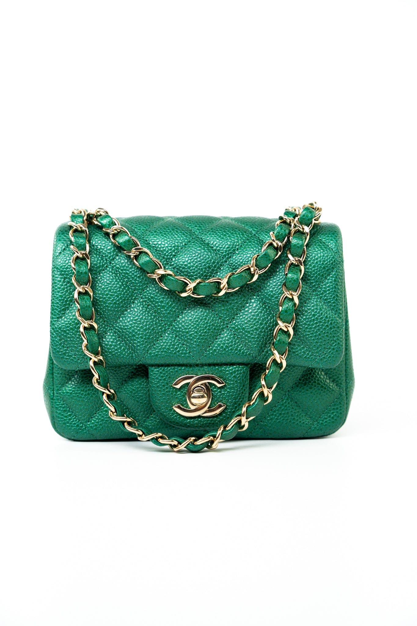18S Emerald Green Caviar Quilted Mini Square Light Gold Hardware