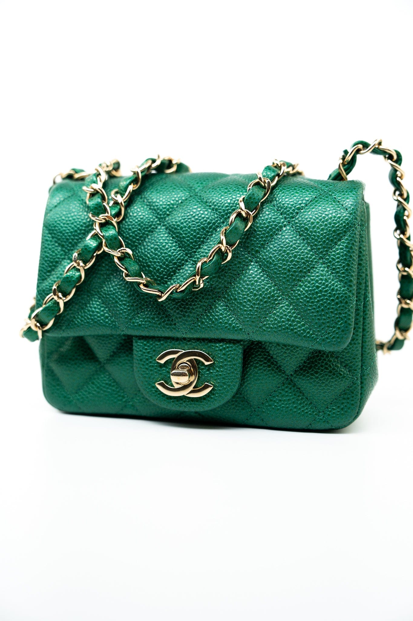18S Emerald Green Caviar Quilted Mini Square Light Gold Hardware