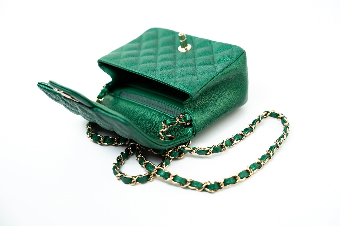 18S Emerald Green Caviar Quilted Mini Square Light Gold Hardware