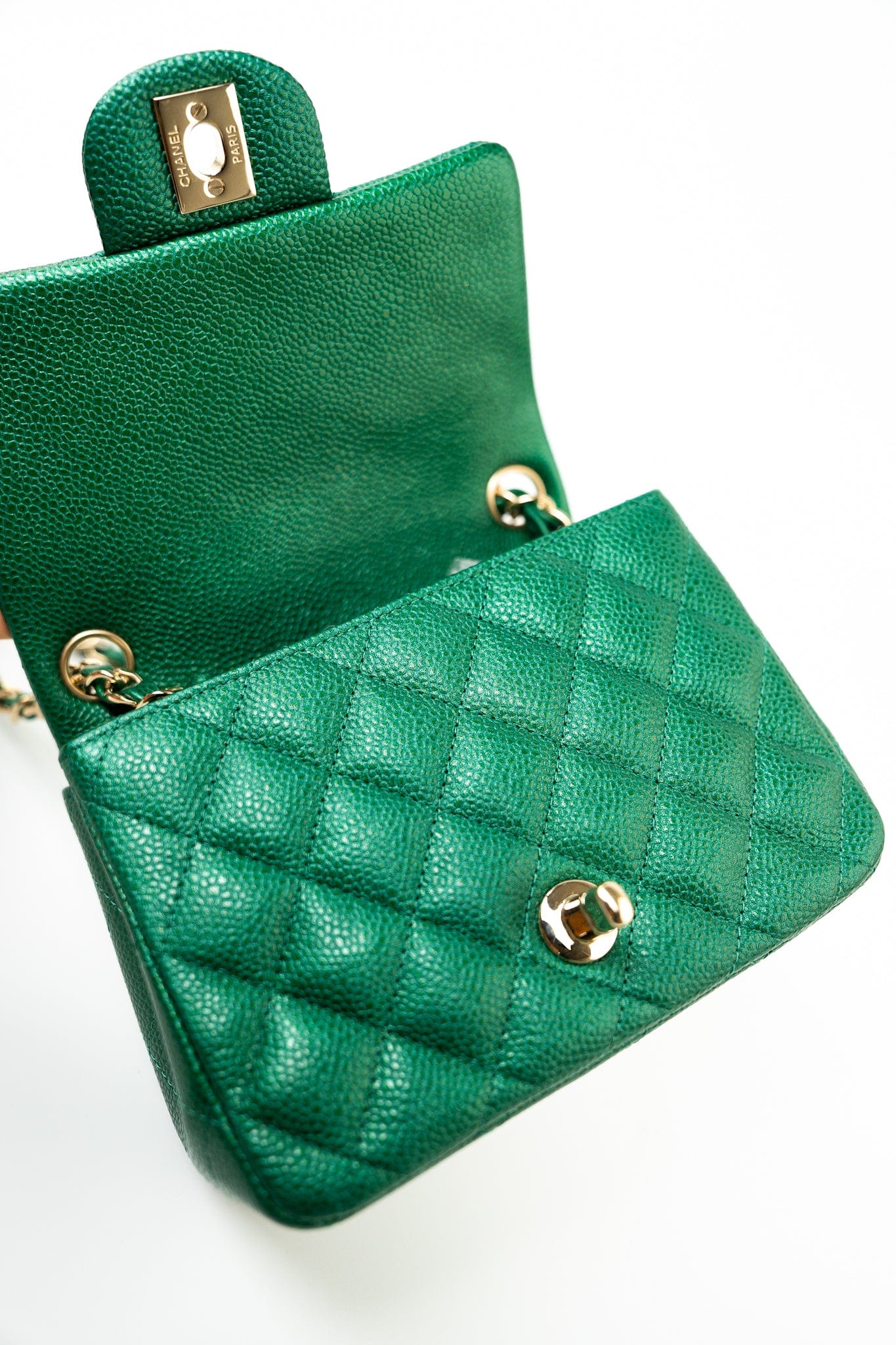 18S Emerald Green Caviar Quilted Mini Square Light Gold Hardware