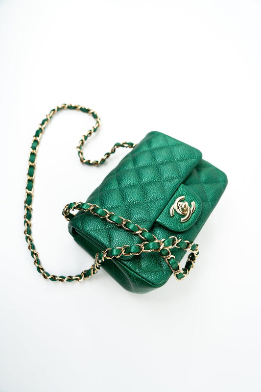 18S Emerald Green Caviar Quilted Mini Square Light Gold Hardware