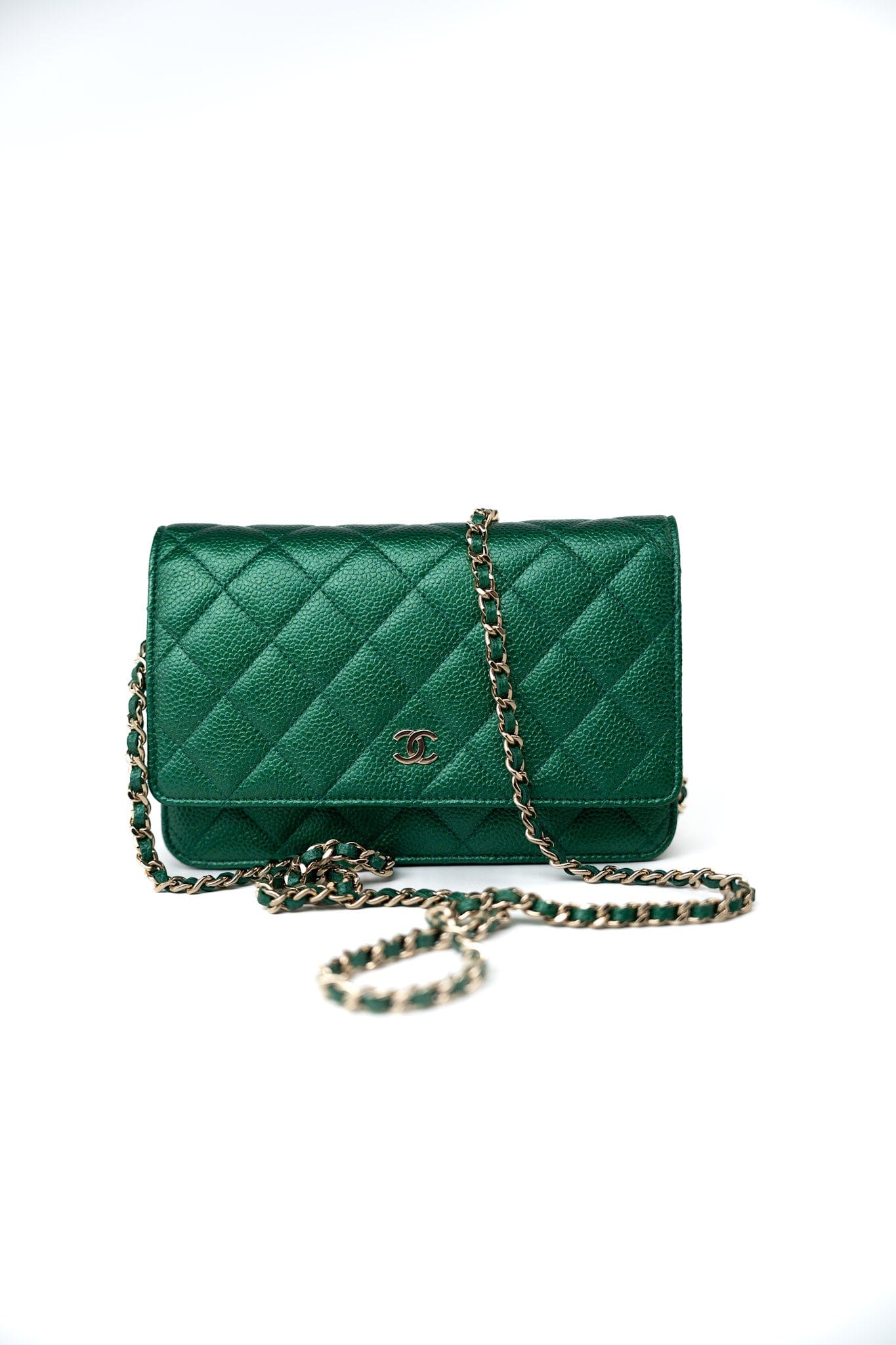 18S Emerald Green Caviar Quilted Wallet on Chain (WOC)