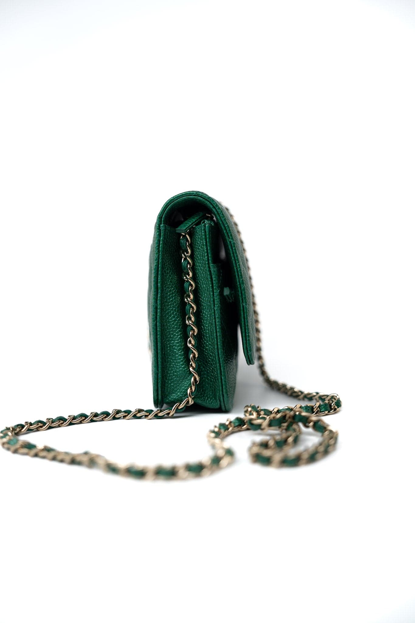 18S Emerald Green Caviar Quilted Wallet on Chain (WOC)