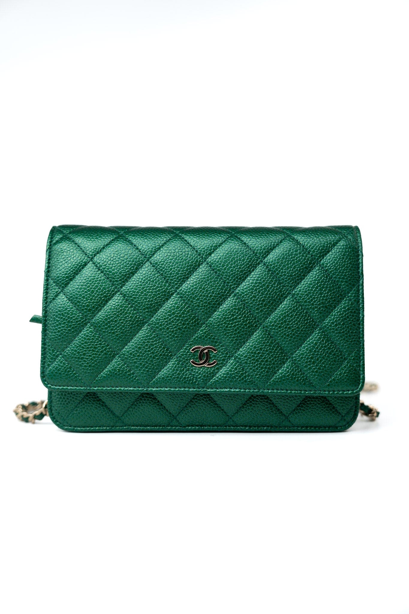 18S Emerald Green Caviar Quilted Wallet on Chain (WOC)