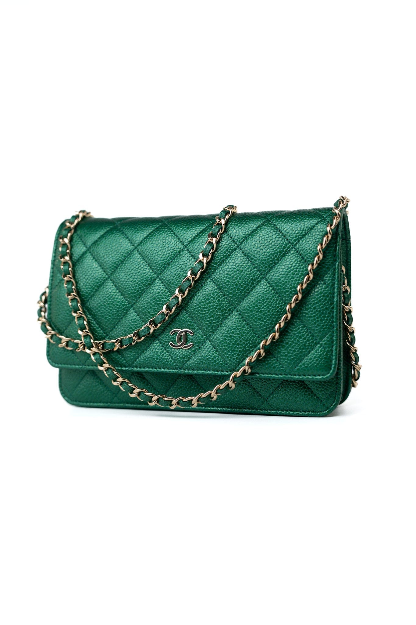 18S Emerald Green Caviar Quilted Wallet on Chain (WOC)