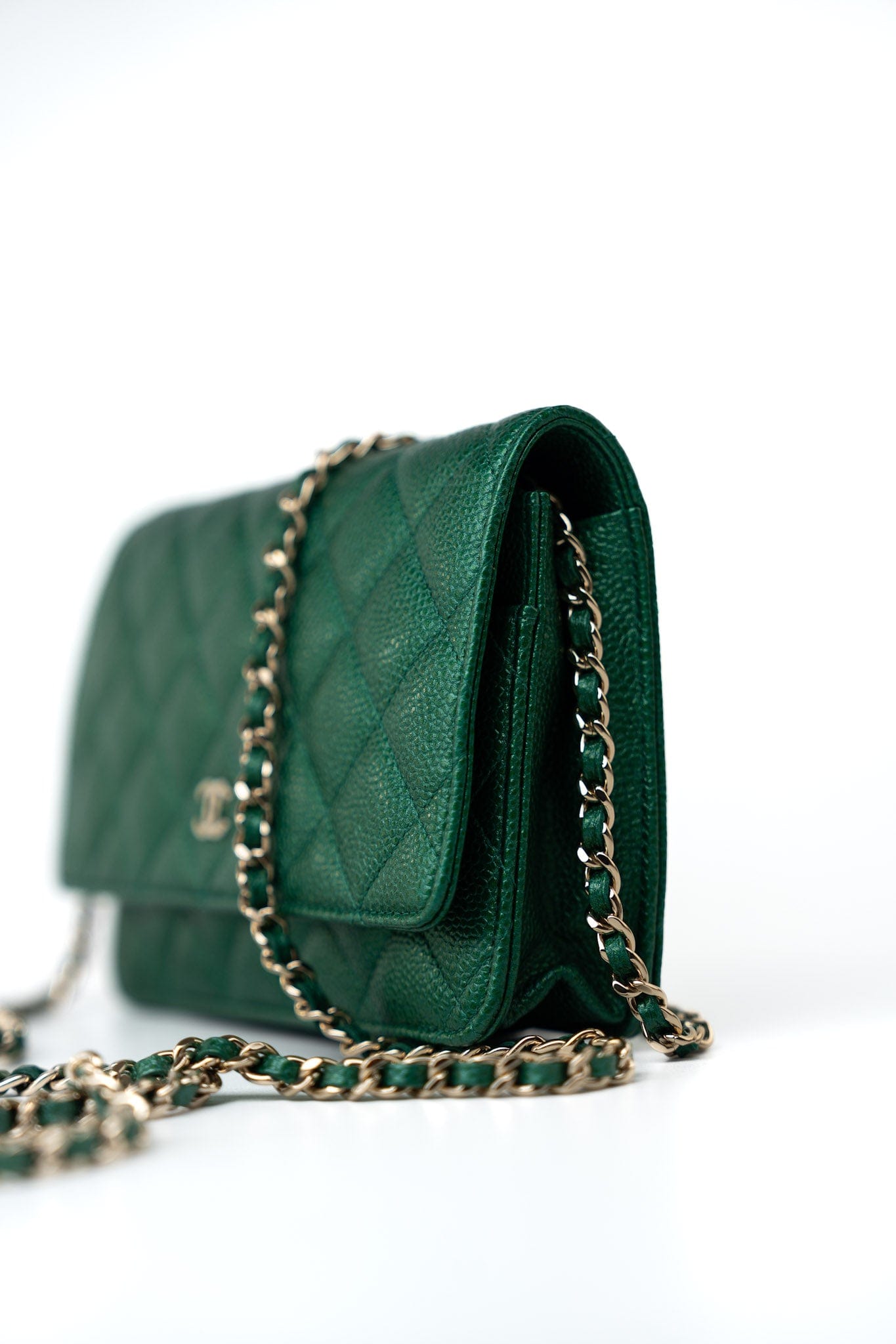 18S Emerald Green Caviar Quilted Wallet on Chain (WOC)