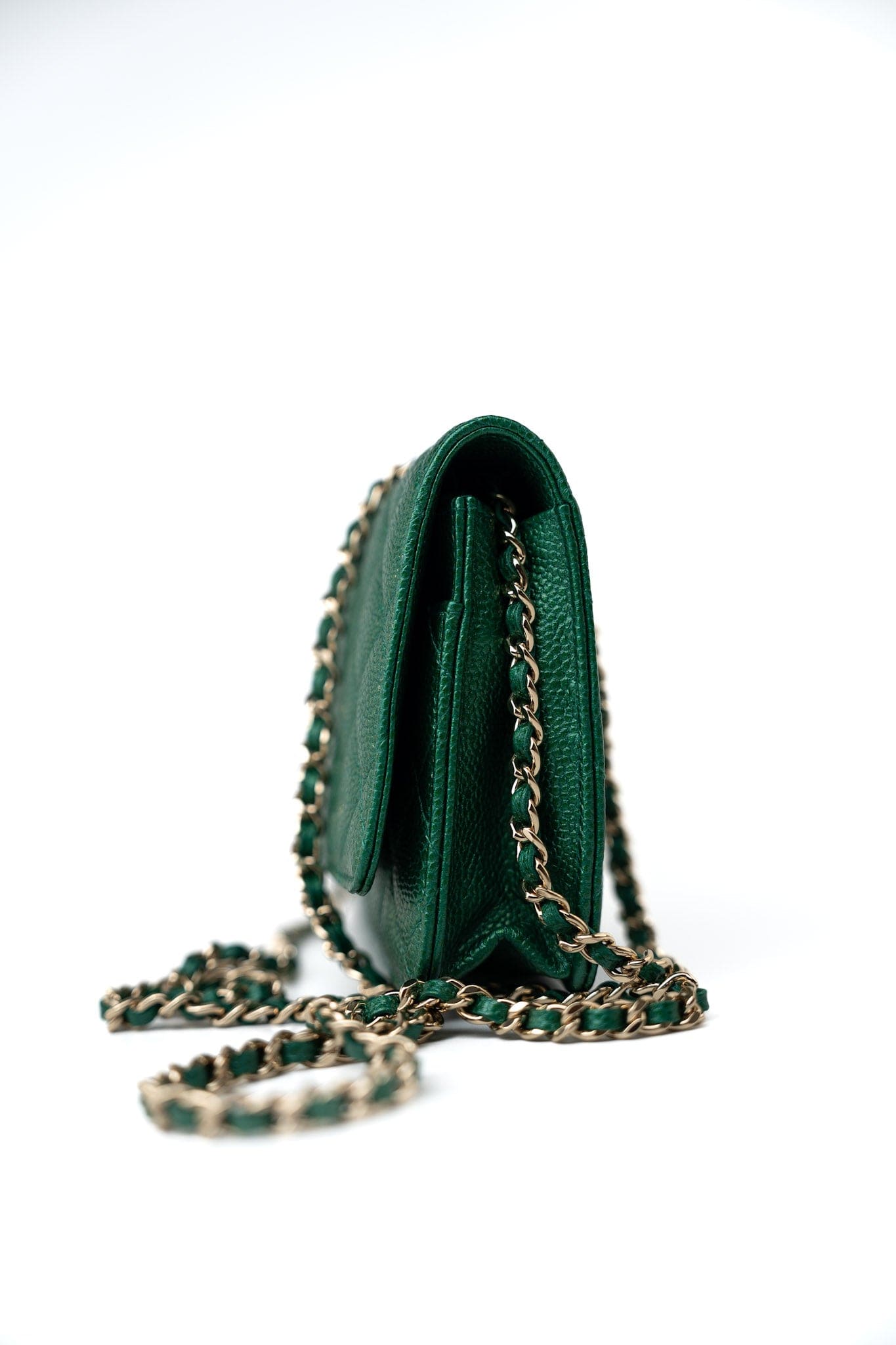 18S Emerald Green Caviar Quilted Wallet on Chain (WOC)