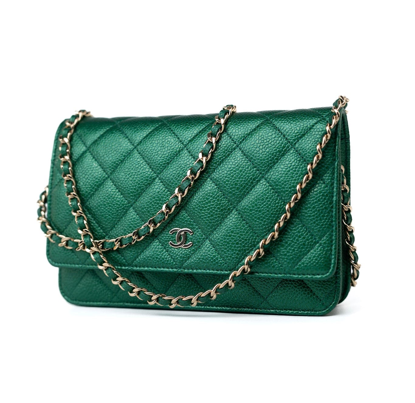 18S Emerald Green Caviar Quilted Wallet on Chain (WOC)