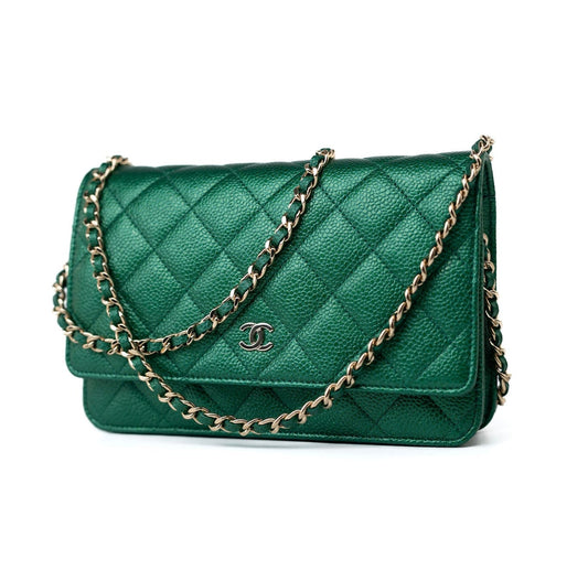 18S Emerald Green Caviar Quilted Wallet on Chain (WOC)