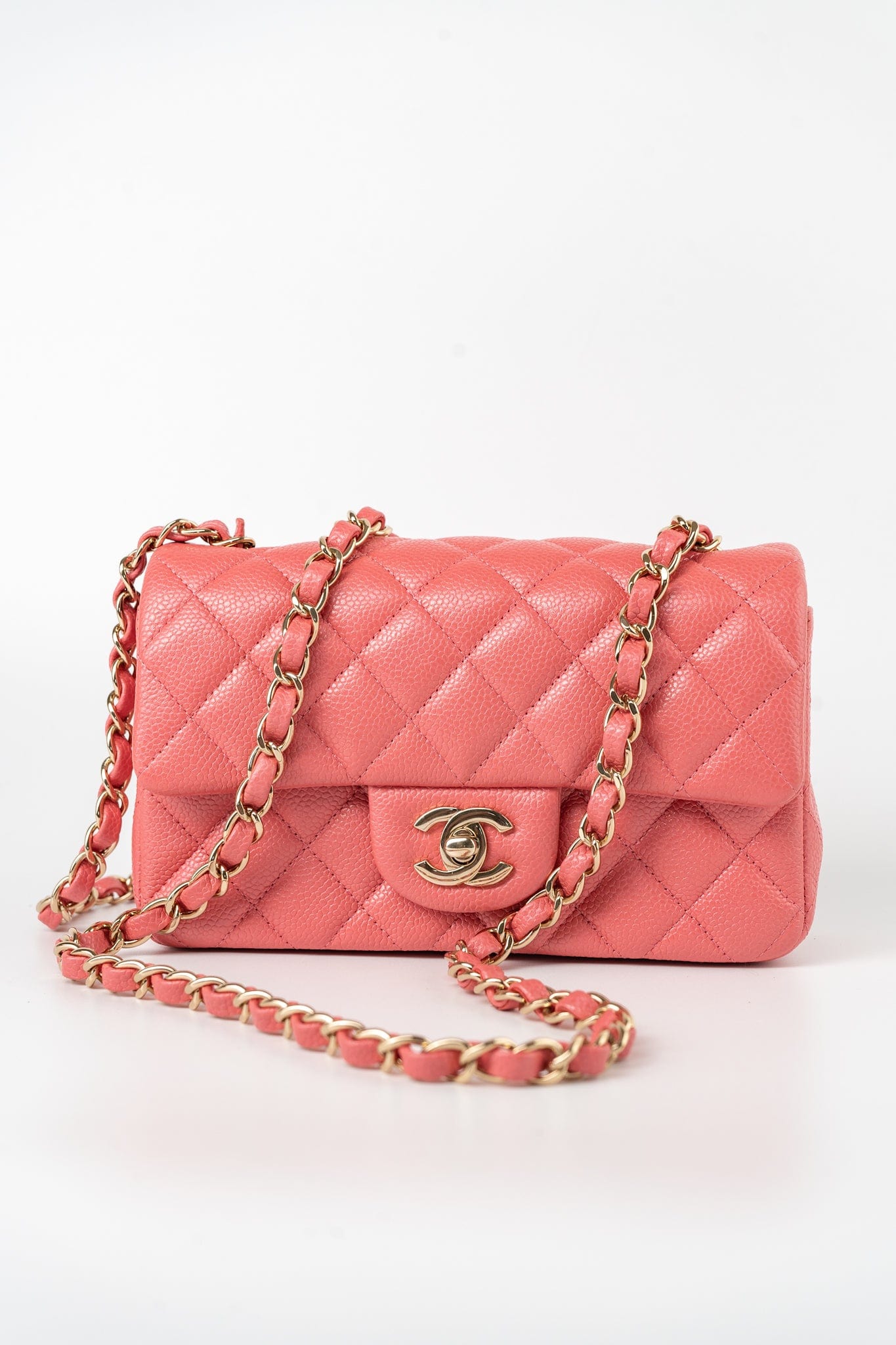 18S Pink Caviar Quilted Mini Rectangular Flap Light Gold Hardware