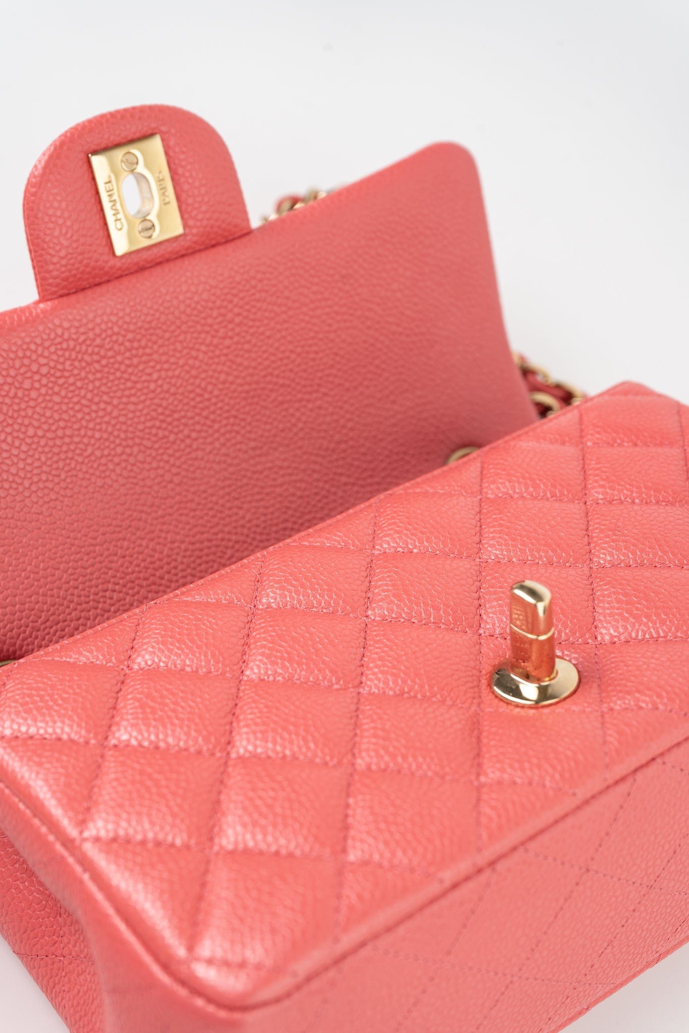 18S Pink Caviar Quilted Mini Rectangular Flap Light Gold Hardware