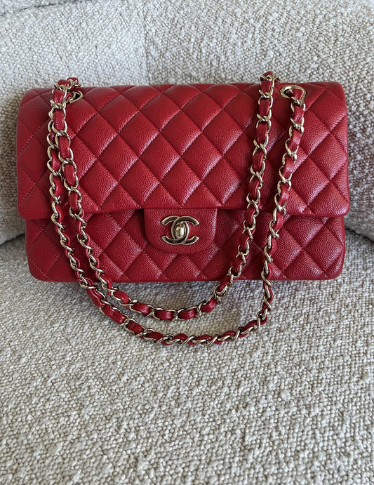 19B Red Caviar Quilted Classic Flap Medium SHW