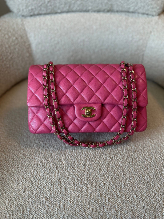 19C Pink Caviar Quilted Classic Flap Medium LGHW