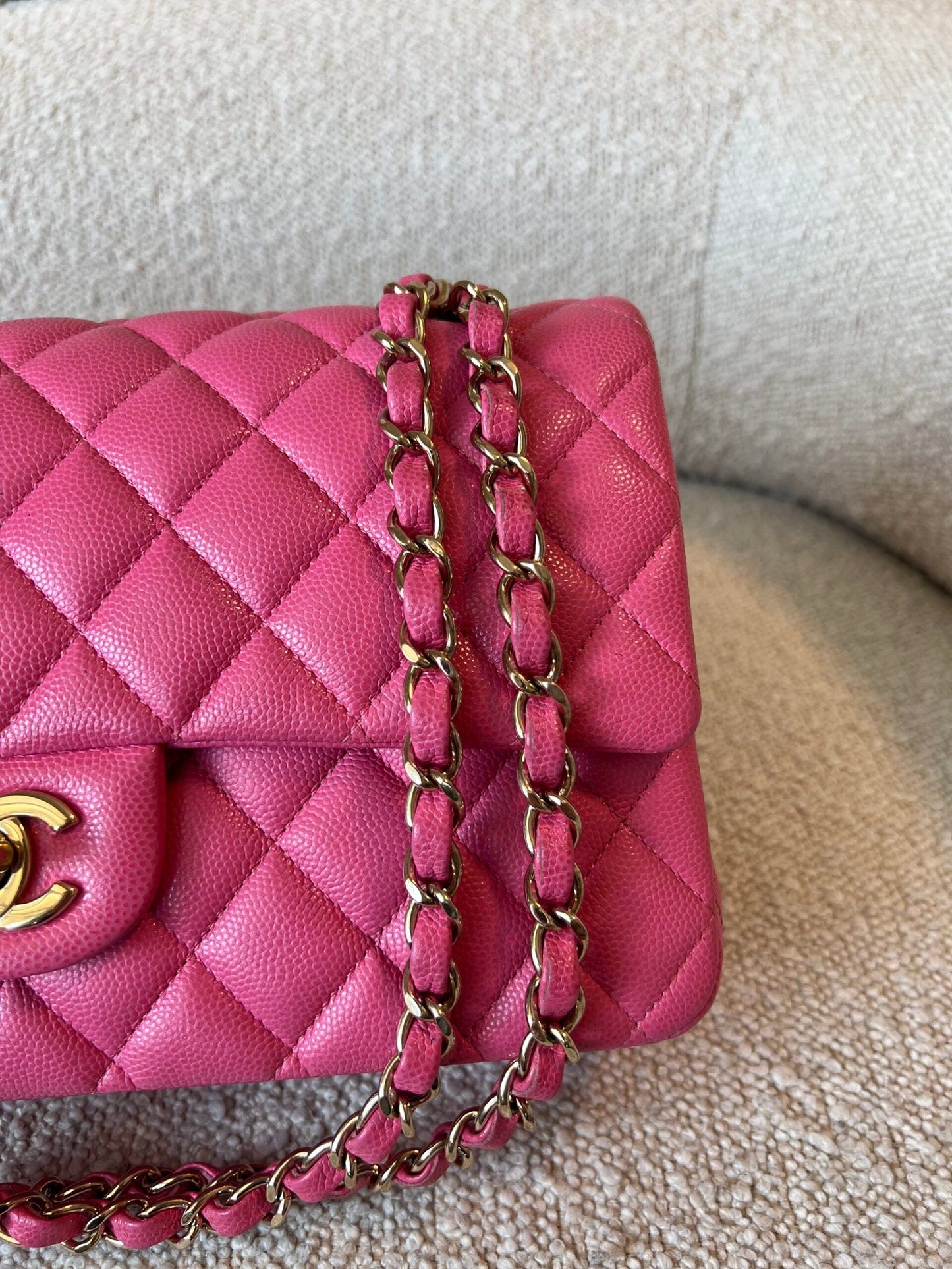19C Pink Caviar Quilted Classic Flap Medium LGHW