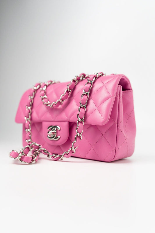19C Pink Lambskin Quilted Mini Rectangular Flap SHW