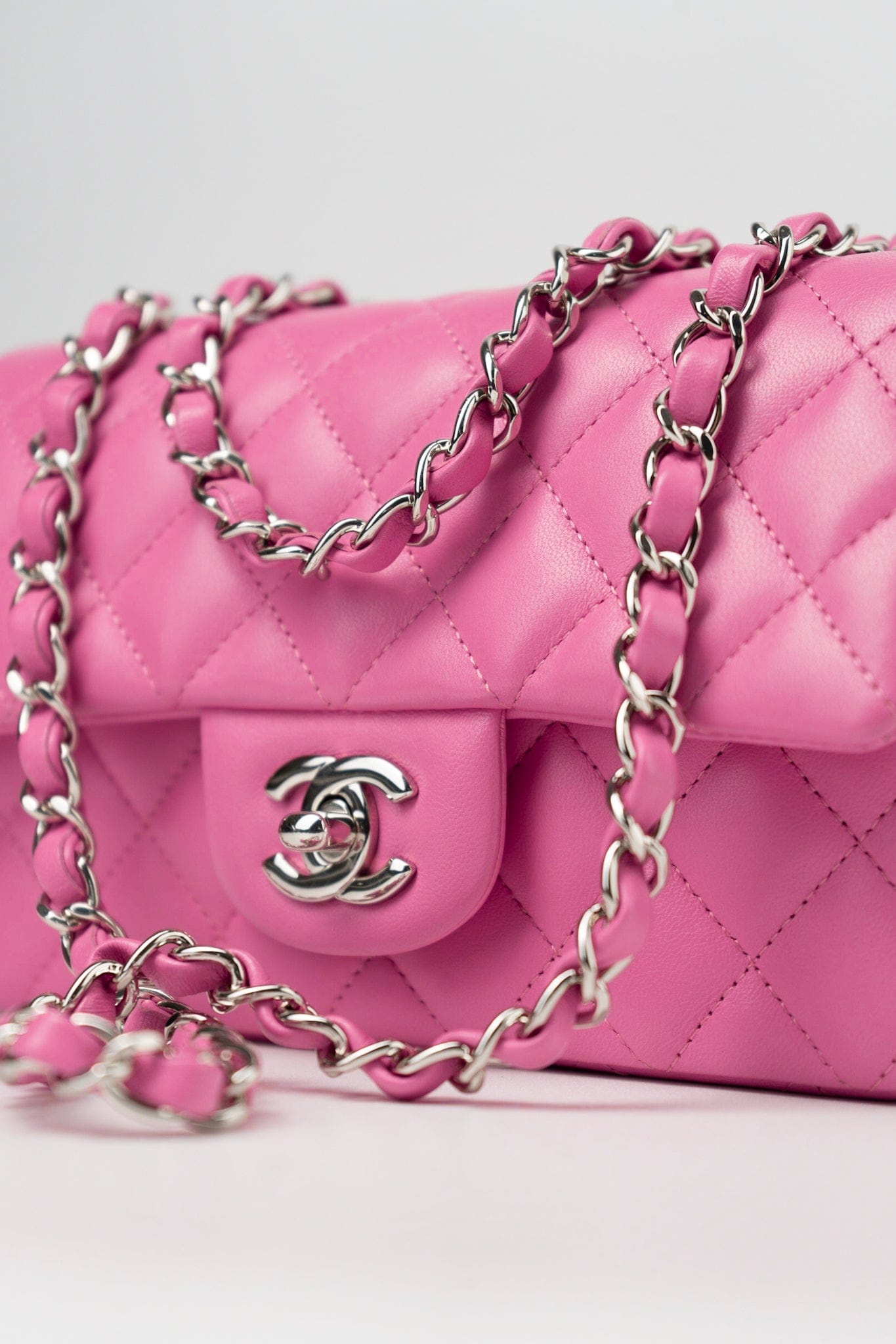 19C Pink Lambskin Quilted Mini Rectangular Flap SHW