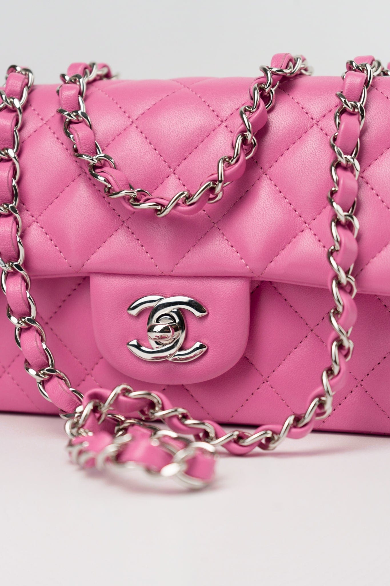 19C Pink Lambskin Quilted Mini Rectangular Flap SHW