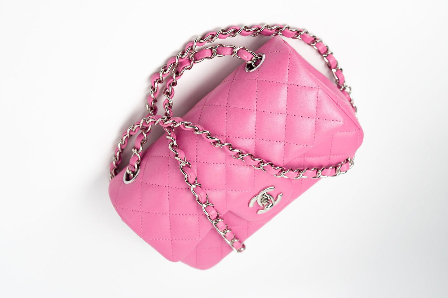 19C Pink Lambskin Quilted Mini Rectangular Flap SHW