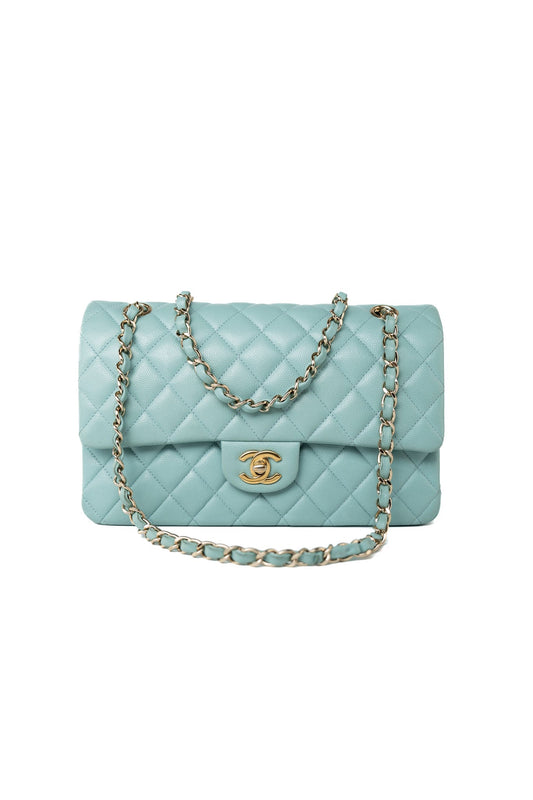19c Tiffany Blue Caviar Quilted Classic Flap Light Gold Hardware