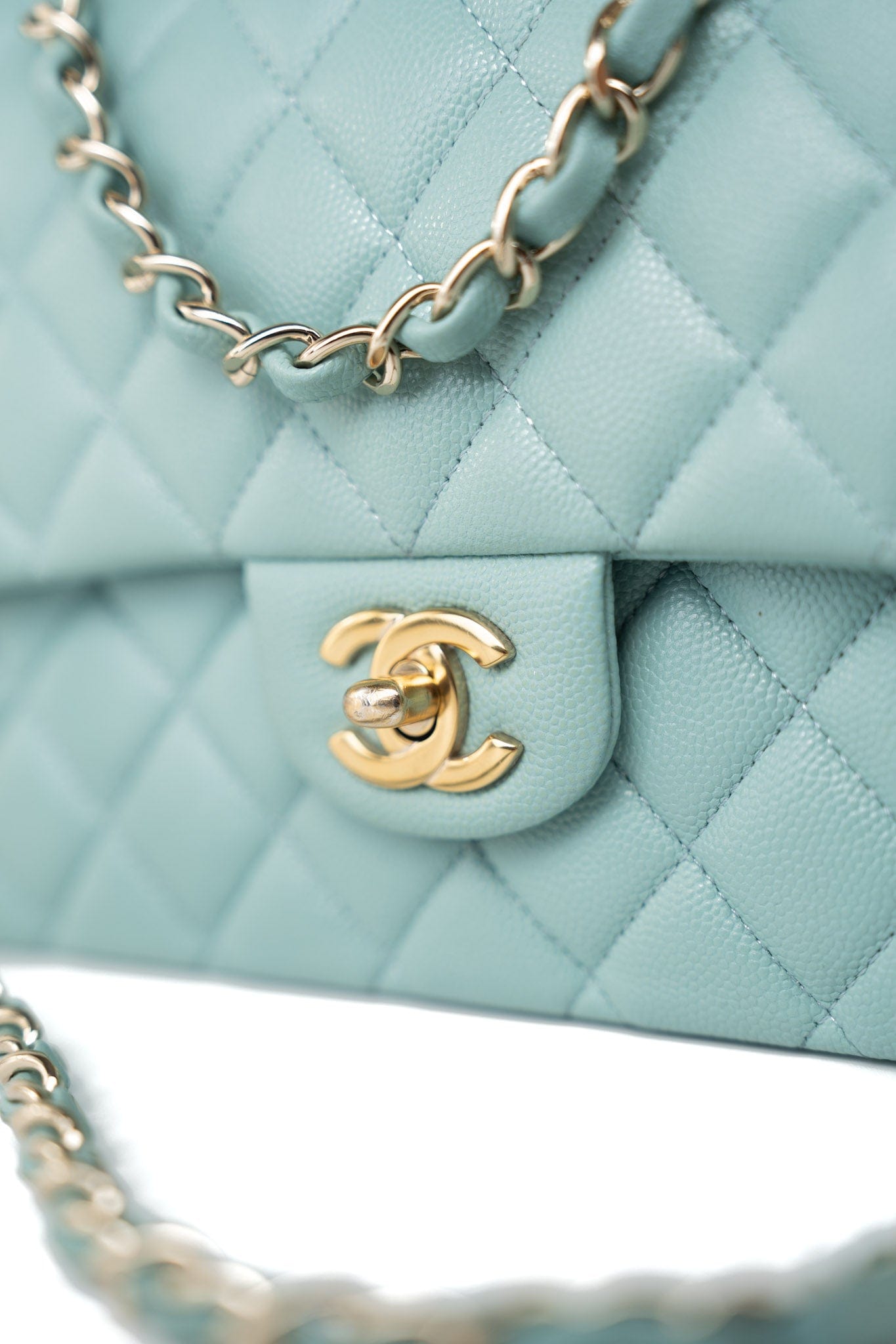 19c Tiffany Blue Caviar Quilted Classic Flap Light Gold Hardware