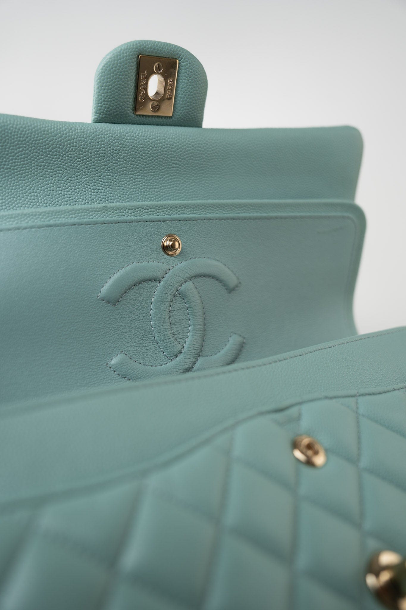 19c Tiffany Blue Caviar Quilted Classic Flap Light Gold Hardware