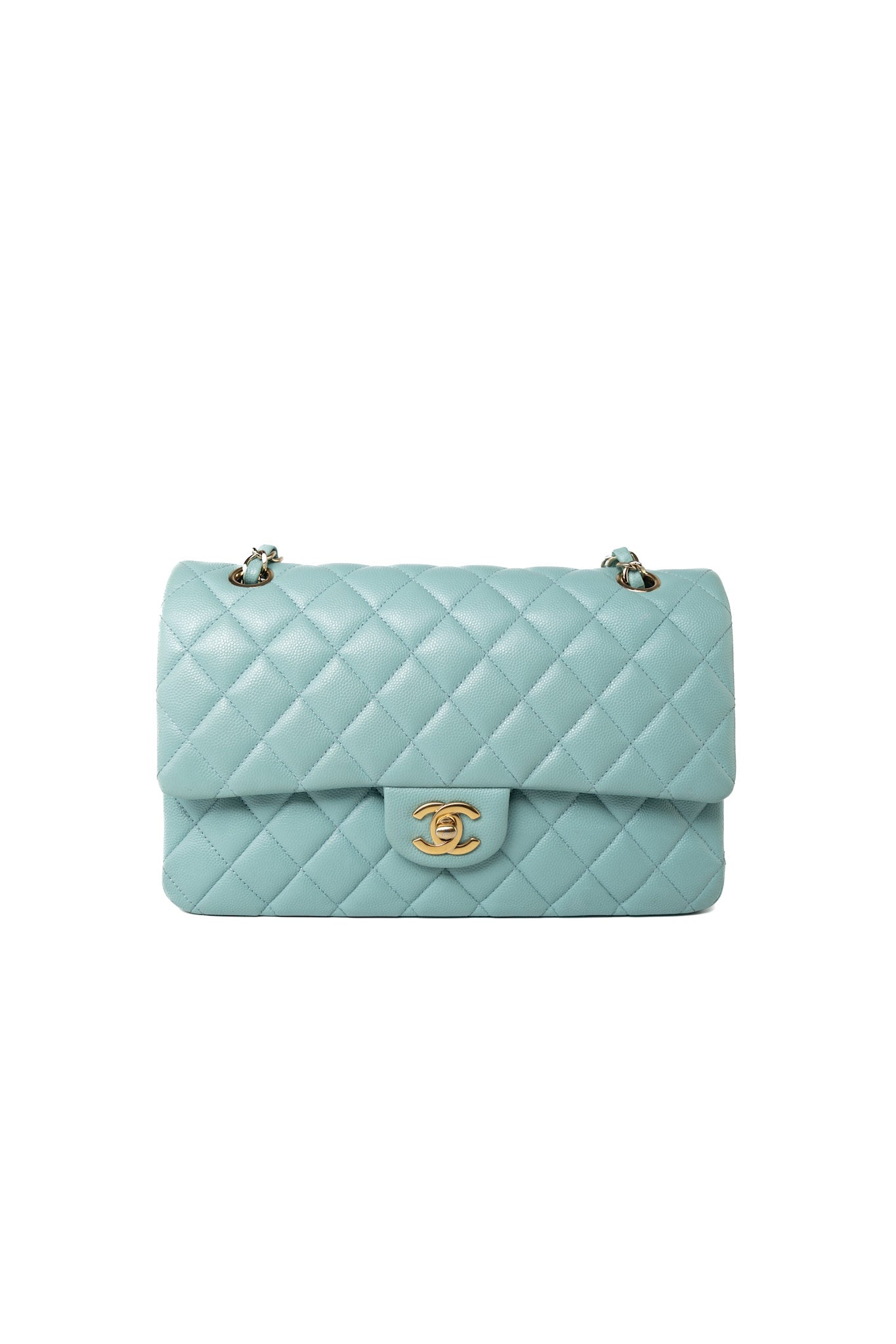 19c Tiffany Blue Caviar Quilted Classic Flap Light Gold Hardware