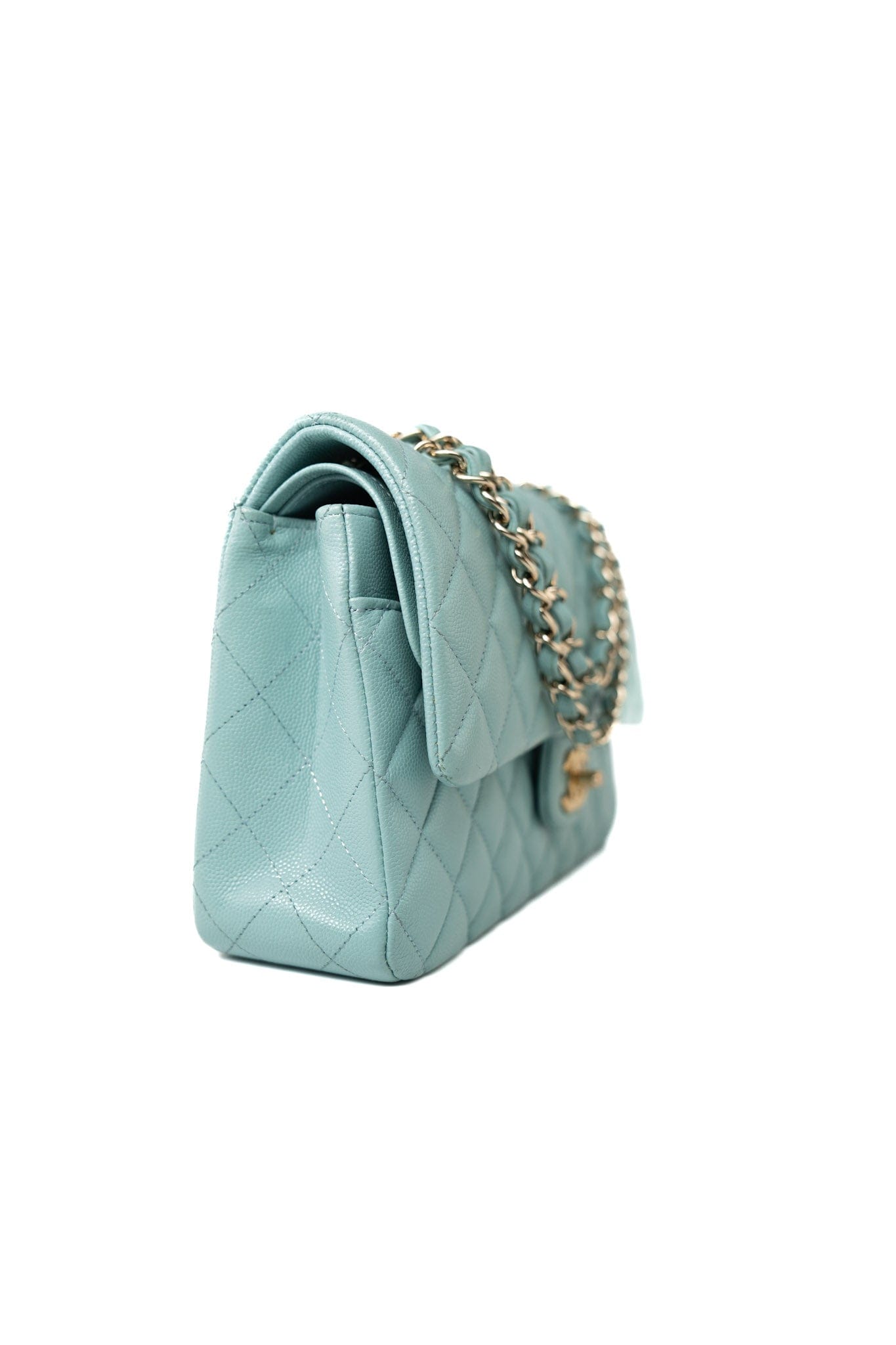 19c Tiffany Blue Caviar Quilted Classic Flap Light Gold Hardware