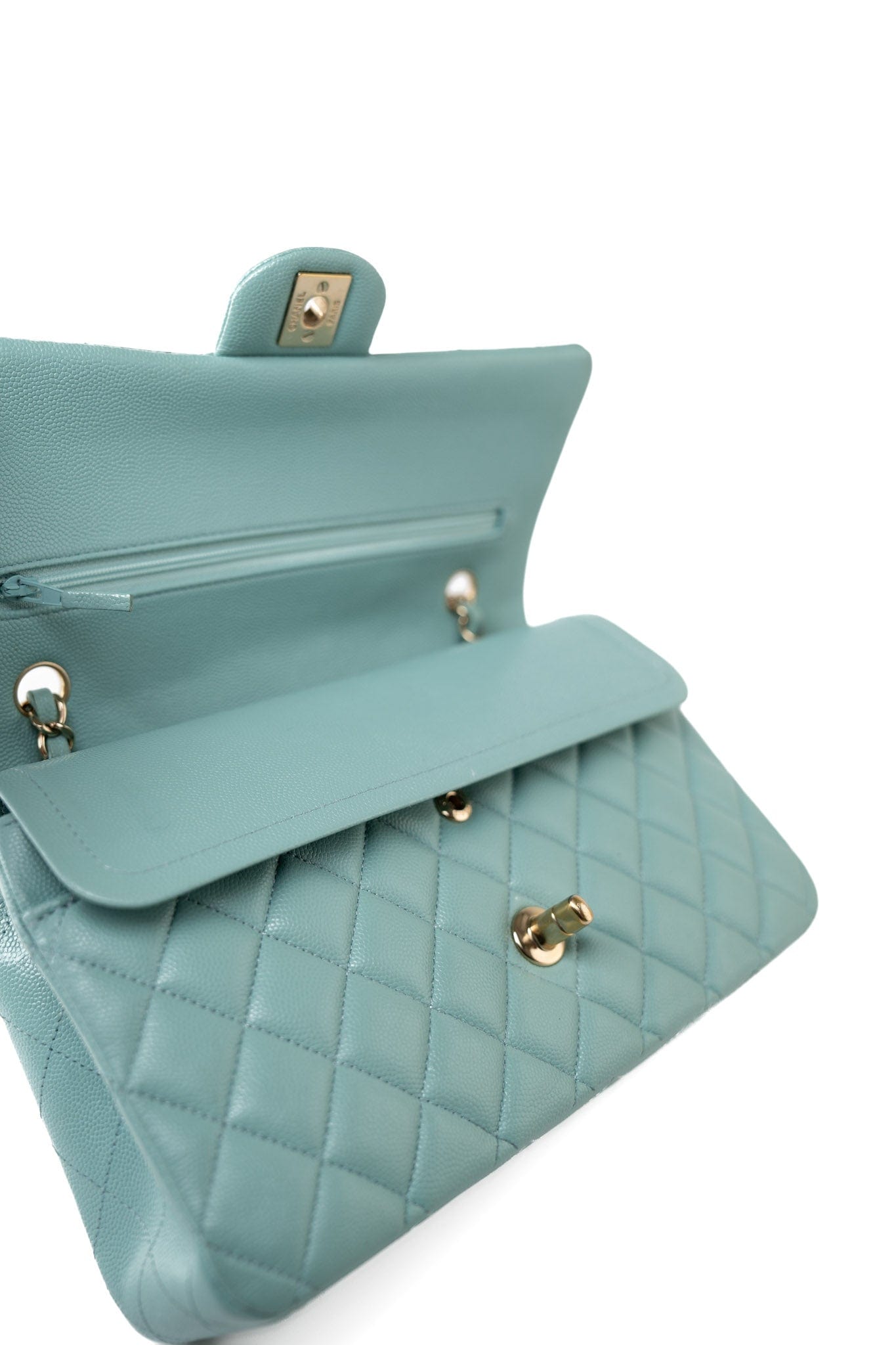 19c Tiffany Blue Caviar Quilted Classic Flap Light Gold Hardware