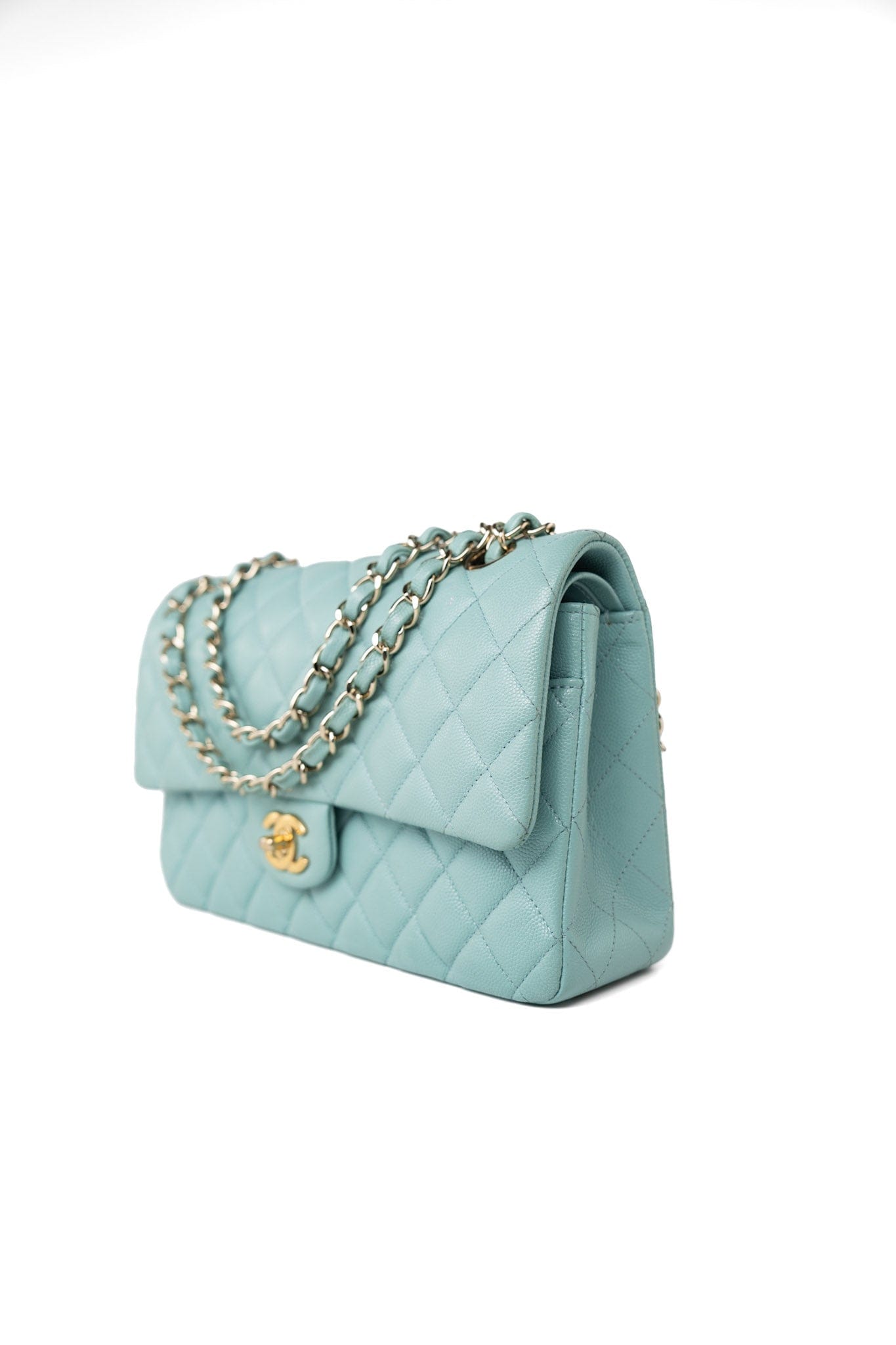 19c Tiffany Blue Caviar Quilted Classic Flap Light Gold Hardware