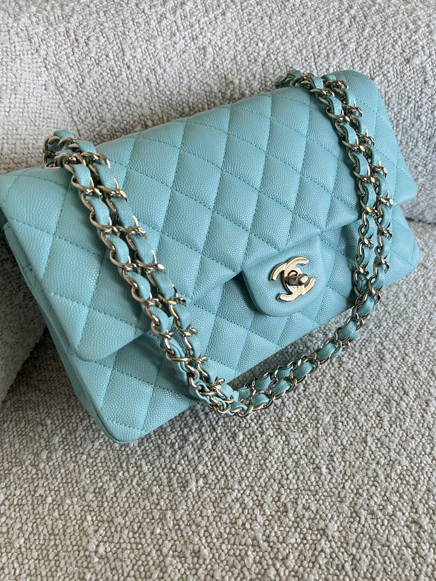 19C Tiffany Blue  Caviar Quilted Classic Flap Medium LGHW