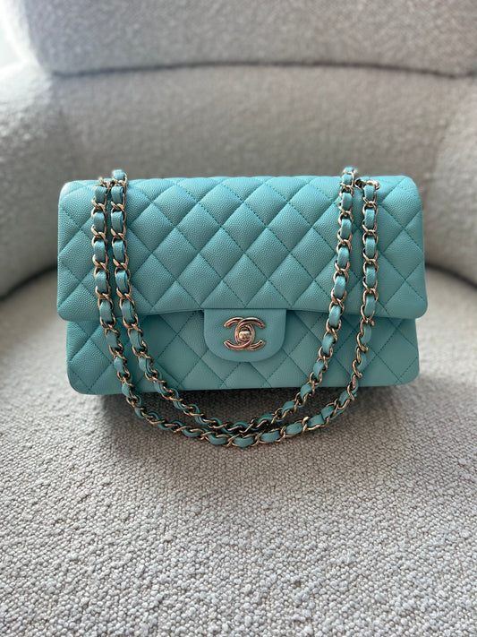 19C Tiffany Blue Caviar Quilted Classic Flap Medium LGHW