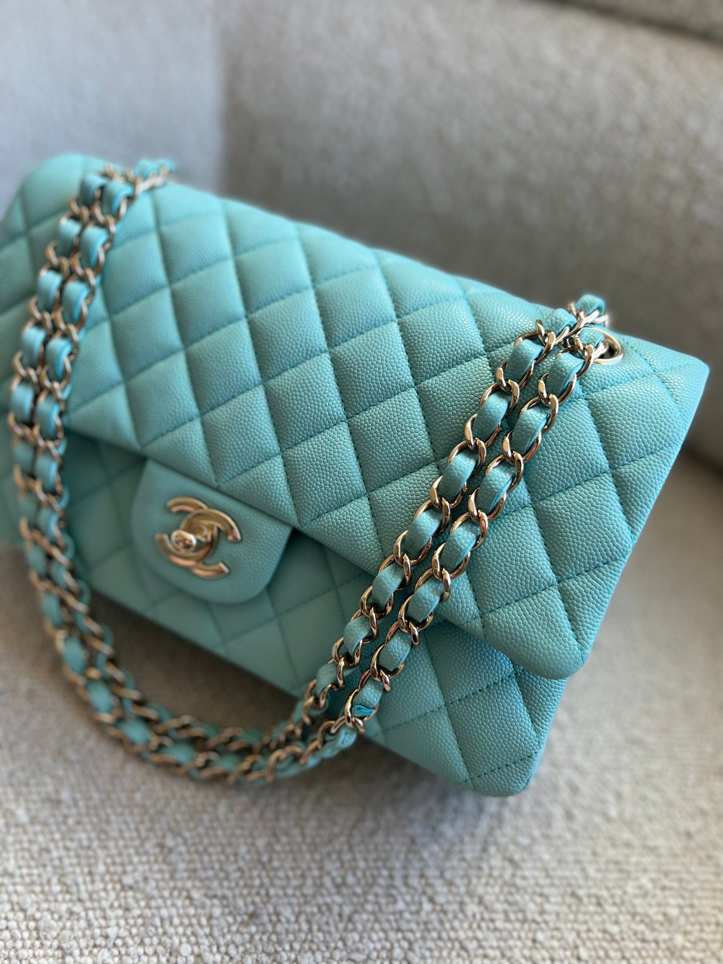 19C Tiffany Blue Caviar Quilted Classic Flap Medium LGHW