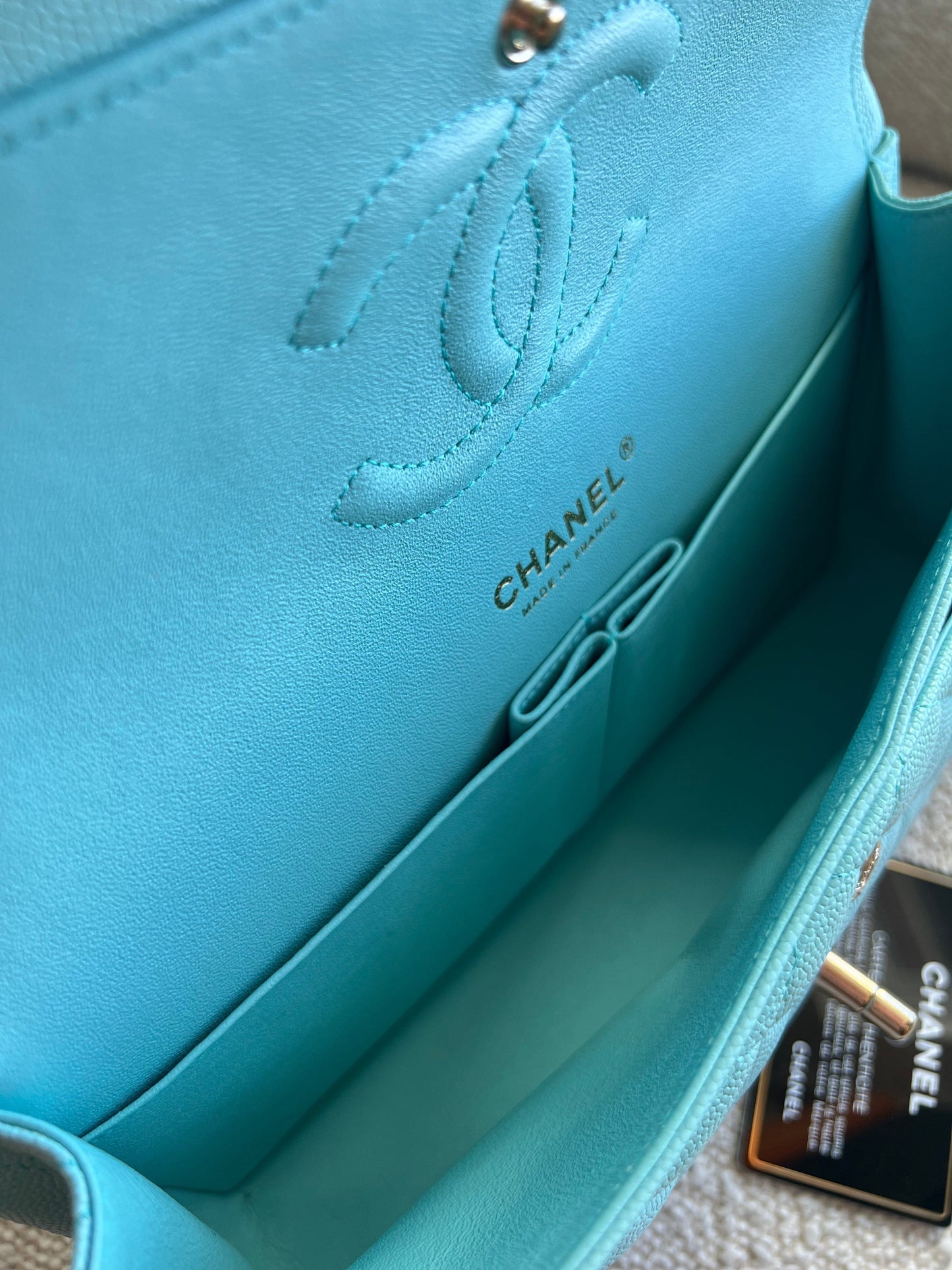 19C Tiffany Blue Caviar Quilted Classic Flap Medium LGHW