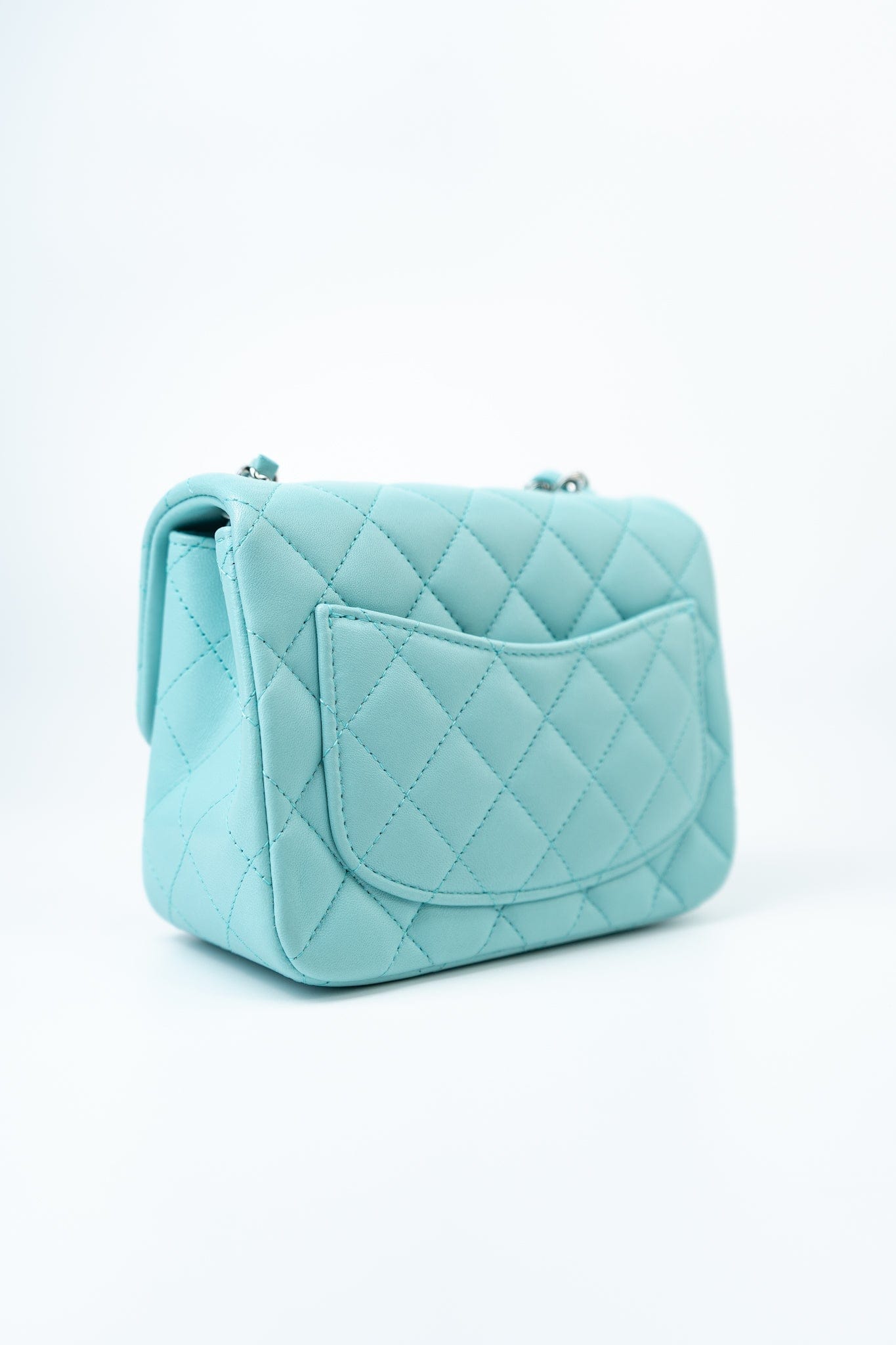 19c Tiffany Blue Lambskin Quilted Mini Square Single Flap Silver Hardware