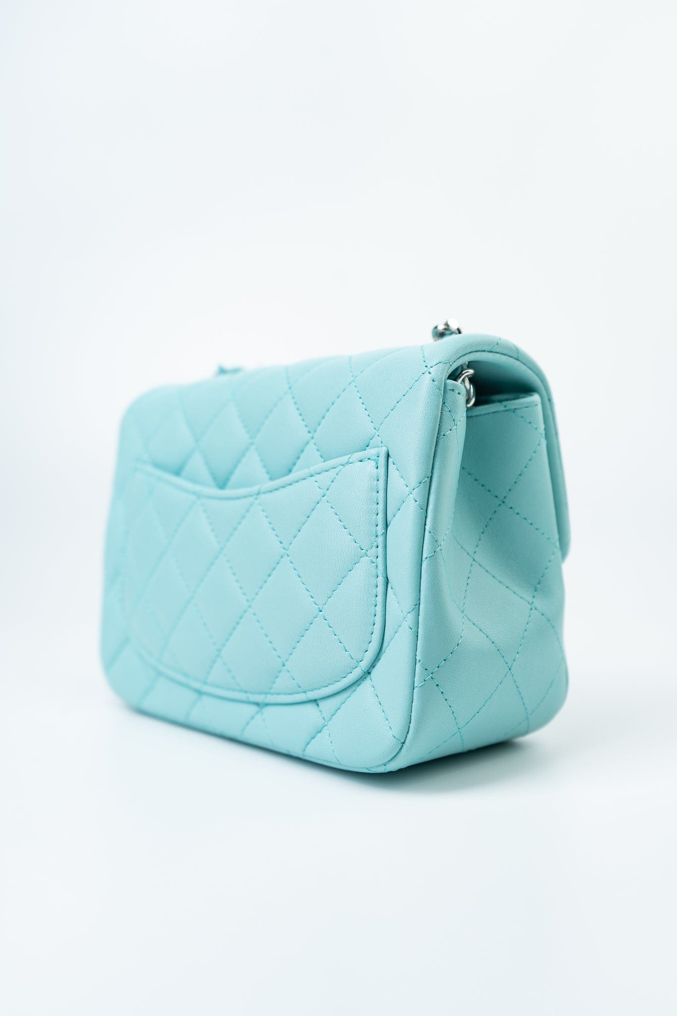 19c Tiffany Blue Lambskin Quilted Mini Square Single Flap Silver Hardware