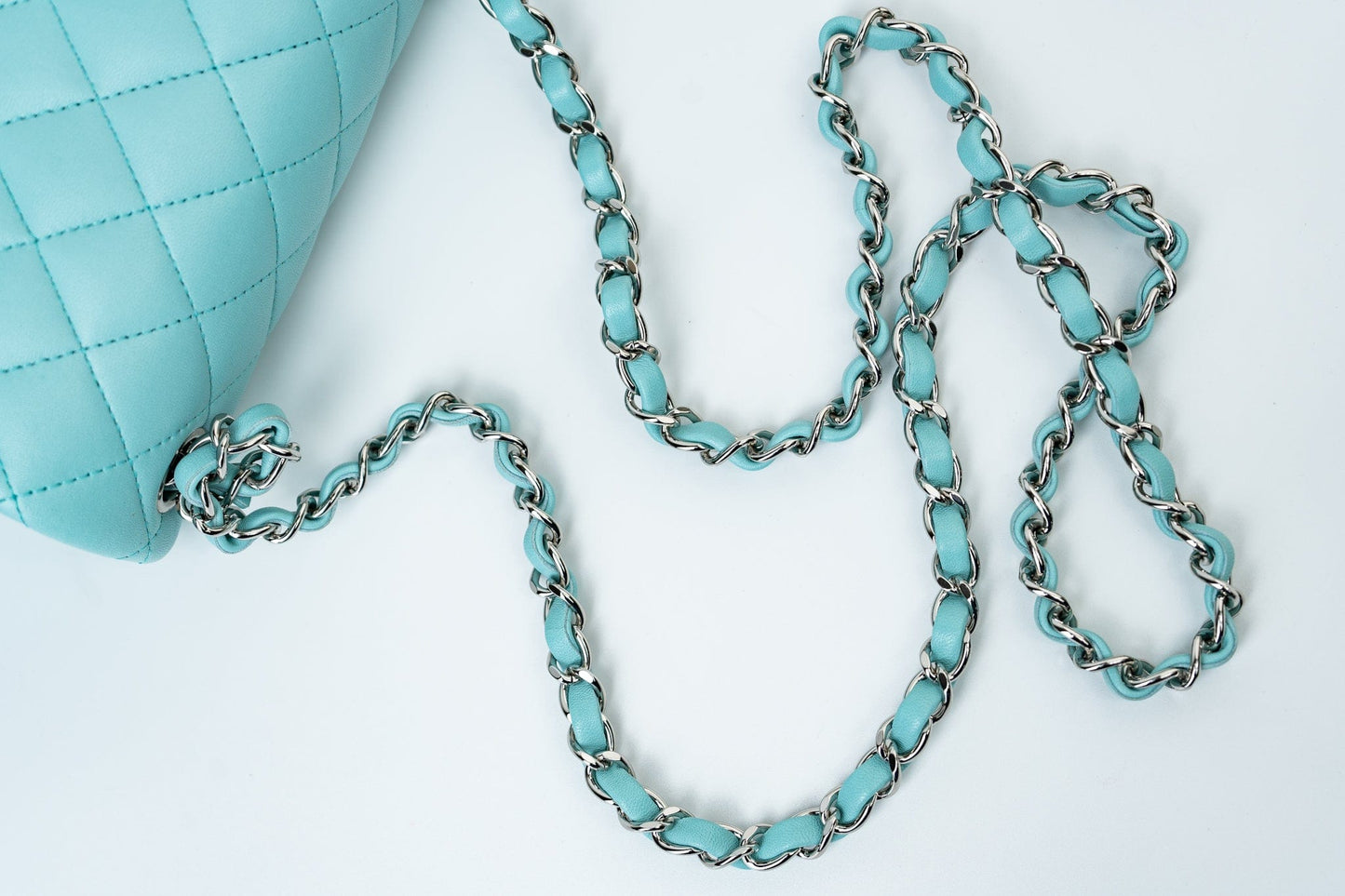 19c Tiffany Blue Lambskin Quilted Mini Square Single Flap Silver Hardware