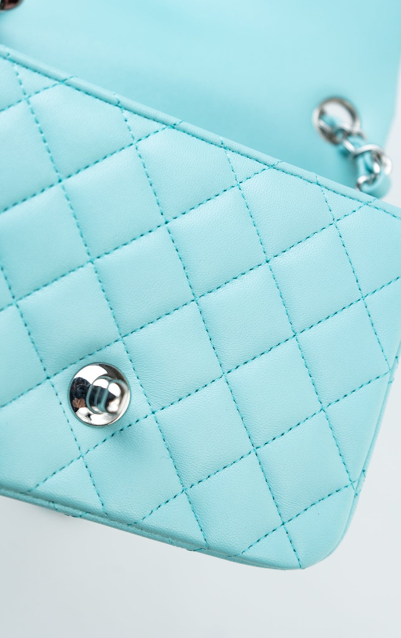 19c Tiffany Blue Lambskin Quilted Mini Square Single Flap Silver Hardware
